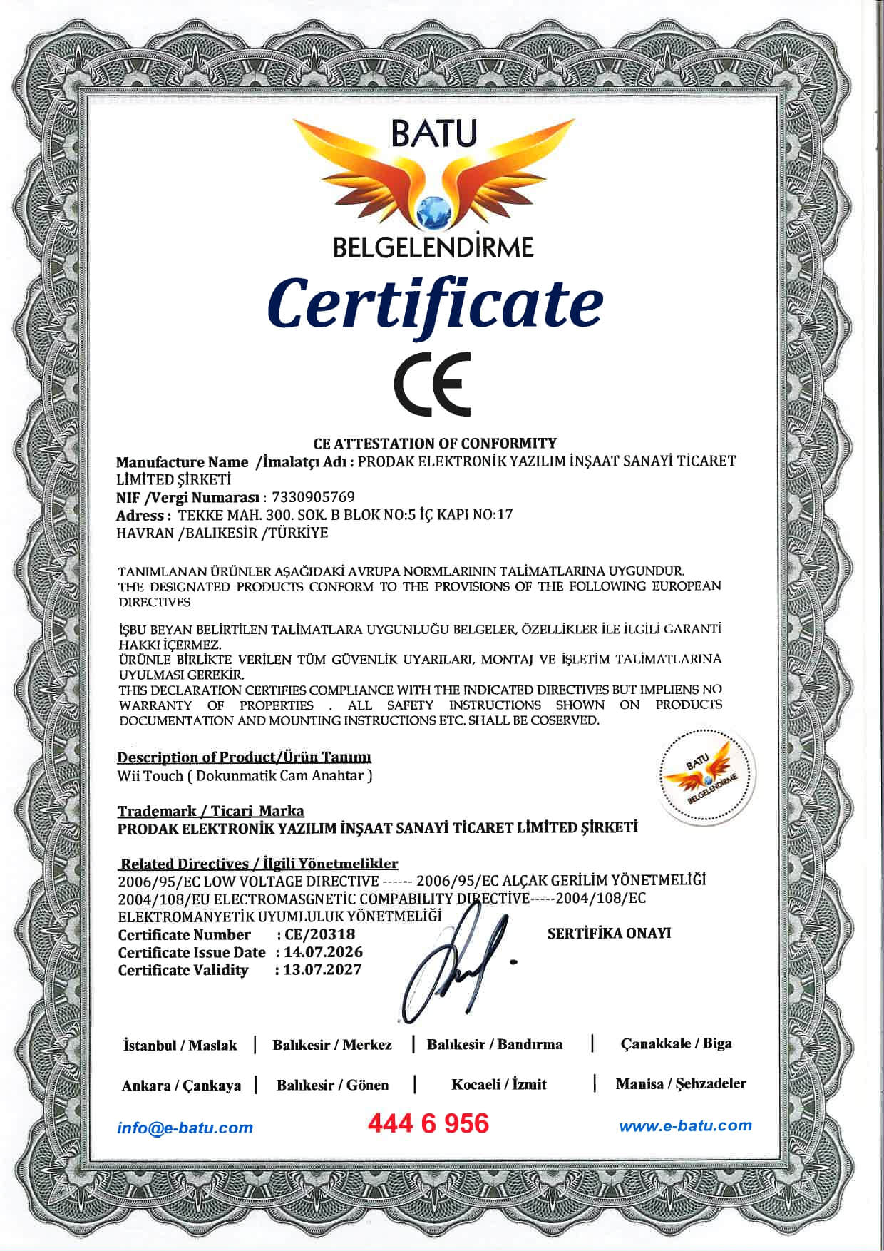 CE Belgesi - WiiTOUCH